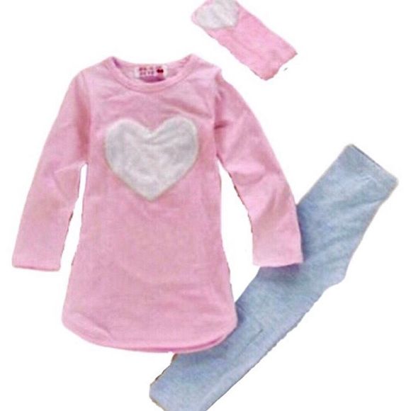 Pink Valentine White Puffy Heart 3 Piece Set - Top Leggings & Headband Set - Picture 2 of 10